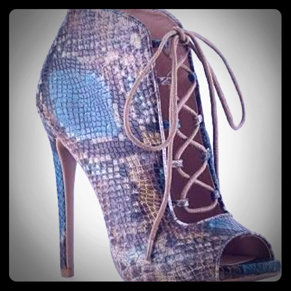 Zigi Soho Multicolor Snake-Print Lace-Up Peep-Toe Stiletto Bootie